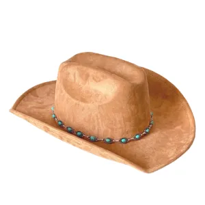 Close-up detail of vintage faux suede western cowboy hat featuring elegant turquoise stone metal hat chain.
