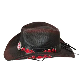 Cappello da cowboy western in paglia ricamato retrò con tesa larga, stile tie-dye sole.
