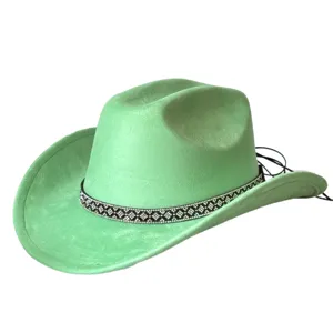Green western cowboy hat with rhinestone chain for men and women party fedora cap