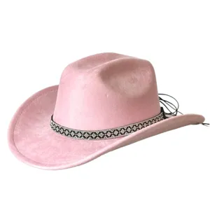 Pink western cowboy hat for women men, faux suede fedora with rhinestone chain, party cap.