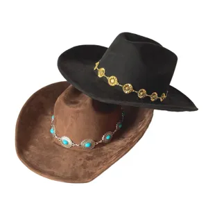 Retro Western Cowboy Hat Faux Suede Wide Brim Hat with Turquoise Sunflower Chains
