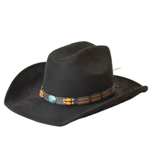 Chapeau de Cowboy Western en Suédine Polyester Vintage Grand Bord Jazz Fedora Avec Bande en Cuir Turquoise pour Hommes Femmes Plein Air
