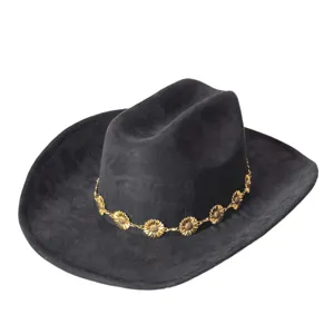 Close-up detail of the black suede western cowboy hat featuring a delicate gold sunflower chain.