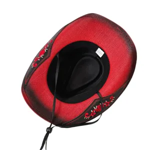 Cappello da cowboy western tie-dye rosso con ricamo cappello di paglia tesa larga sole