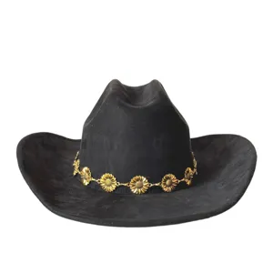 Close-up of black suede western cowboy hat featuring a golden sunflower chain detail.