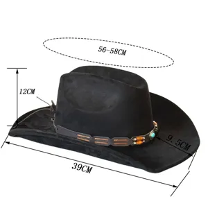 Chapeau de cowboy occidental noir rétro feutre suédine large bord chapeau vintage avec lanière