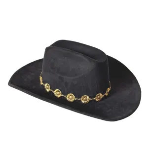 Close-up detail of black suede cowboy hat with metallic gold sunflower chain band accessory.