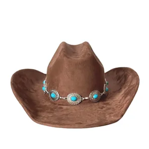 Retro suede western cowboy hat with turquoise chain wide brim outdoor knight hat brown