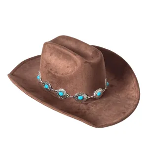 Brown suede western cowboy hat featuring a vintage silver turquoise chain hatband for outdoor.