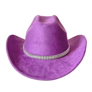 Purple western cowboy hat detail, faux suede texture and sparkling rhinestone chain decoration.