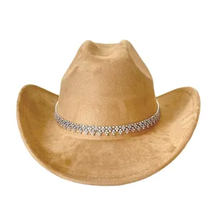 Vintage faux suède western cowboyhoed met sprankelende strass kettingband voor feest.