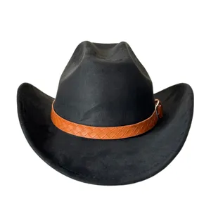 Retro suede western cowboy hat with brown woven leather strap, wide brim fedora outdoor cap.