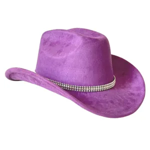 Stunning rhinestone chain detail on vibrant purple faux suede western cowgirl hats