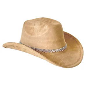 Retro suede cowboyhoed met strassketting voor dames, elegante feest western hoed bruin.