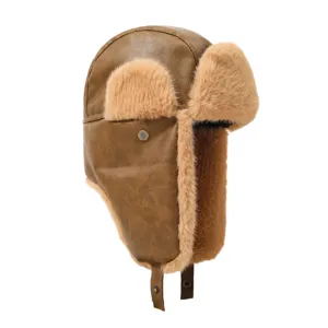 Bonnet aviateur marron en cuir PU d'hiver avec fausse fourrure, chapeau chaud pour le ski.