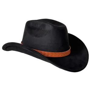 Detail view of a retro black suede western cowboy hat with a brown woven leather band.