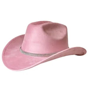Pink suede western cowboy hat with sparkling rhinestone chain trim, stylish wide brim party cap.