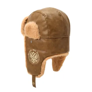 Chapeau de bombardier ushanka en cuir PU thermique d'hiver avec oreillettes en peluche.
