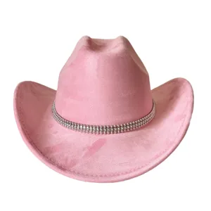 Pink suede western cowboy hat with rhinestone chain decoration, wide brim fashion party hat