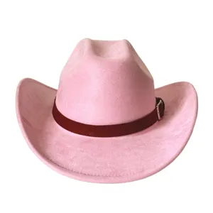Pink suede western cowboy hat with brown woven belt wide brim fedora outdoor sun hat
