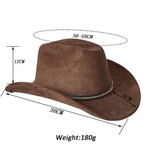 Classico cappello da cowboy in pelle scamosciata marrone, fedora vintage con dettaglio catena.