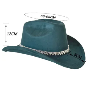 Retro groene suède western cowboyhoed met glinsterende strass kettingband, koele feestelijke hoed