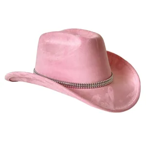Pink suede cowboy hat with rhinestone chain band, wide brim western party hat for women.