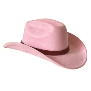Pink faux suede western cowboy hat with a brown woven leather band for outdoor fashion.