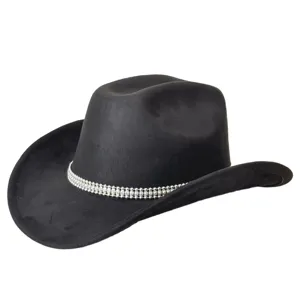 Close-up of the rhinestone chain detail and soft faux suede texture on this western cowboy hat.