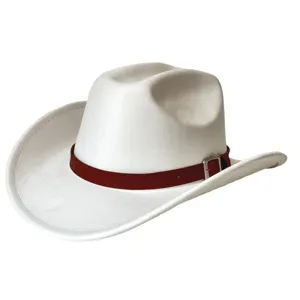 White western cowboy hat closeup showcasing the detailed dark red woven leather belt and buckle.