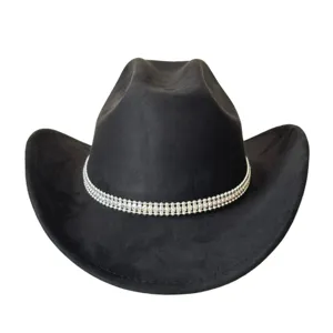 Rhinestone chain detail and black suede texture close-up of western cowboy hat.