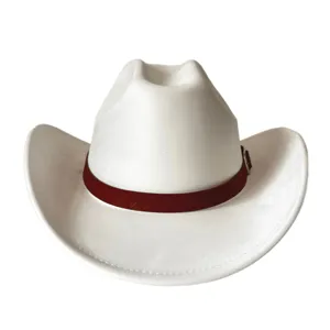 Close-up detail of white western cowboy hat with brown woven leather band and metal buckle.