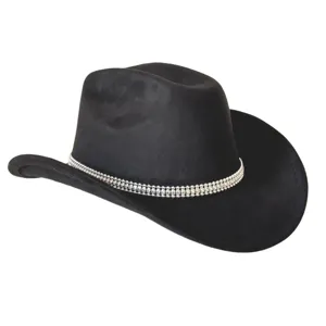 Close up view of the black suede cowboy hat with sparkling rhinestone chain band detail.