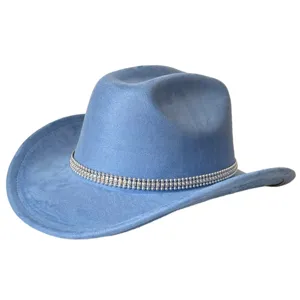 Blue western cowboy hat with rhinestone chain, faux suede wide brim party hat for women