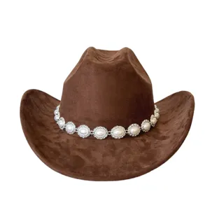 Cappello da cowboy in camoscio marrone con catena di perle fedora vintage per festa e uso quotidiano