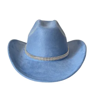 Blue suede western cowboy hat with rhinestone chain, perfect party fashion headwear.