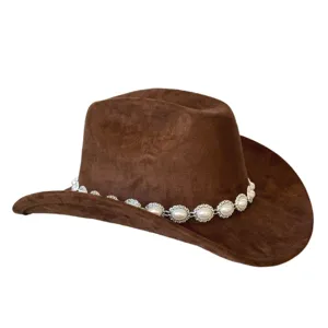 Cappello da cowboy in camoscio marrone con catena di perle cappello western moda feste uomo donna