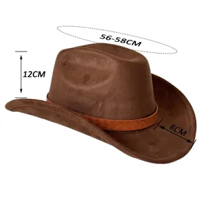 Retro suede western cowboy hat with woven belt buckle, wide brim fedora for outdoor style.