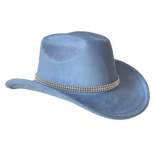 Blue suede western cowboy hat detail featuring sparkling rhinestone chain decoration, wide brim.