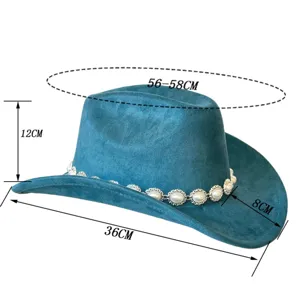Cappello da cowboy in camoscio blu con catena di conchiglie, fedora con tesa curva per feste.