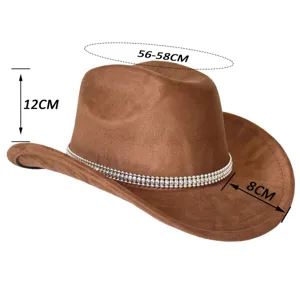 Brown suede cowboy hat with rhinestone chain trim, western style party cap, size 56-58cm.