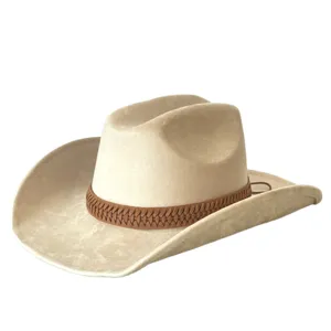 Vintage Faux Suede Western Cowboy Hat Wide Curved Brim Jazz Fedora Top Hat Belt Buckle Sun Protection Cap For Men Women