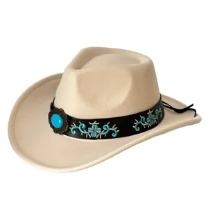 Chapeau de Cowboy Occidental Vintage Brodé Large Bord Coton Polyester Chapeau de Jazz pour Voyage Décontracté Accessoires Hommes Femmes