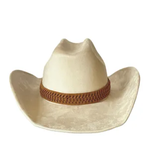 Beige suede western cowboy hat featuring a brown braided hatband and wide upturned brim fedora.