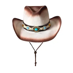 Chapeau de cowboy occidental en paille dégradé vintage avec bande de pierres et lanière.