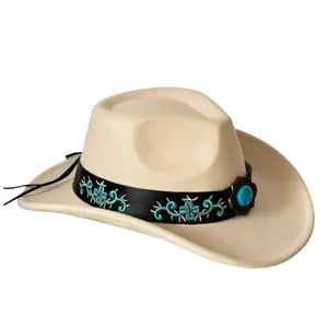 Chapeau de cowboy occidental en feutre de laine avec bande brodée en cuir et boucle turquoise.