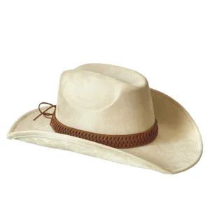 Close-up of beige faux suede western cowboy hat with brown braided leather band detail.