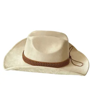 Vintage faux suede western cowboy hat with braided band wide brim jazz cap for outdoor wear.
