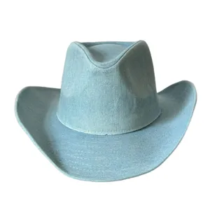Lichtblauwe denim cowboyhoed met brede rand, retro pinch front kroon zonnehoed voor volwassenen.