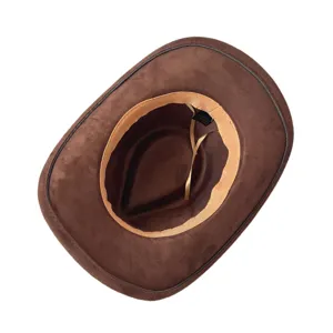 Detailed view of the brown suede cowboy hat interior, showing quality lining and craftsmanship.